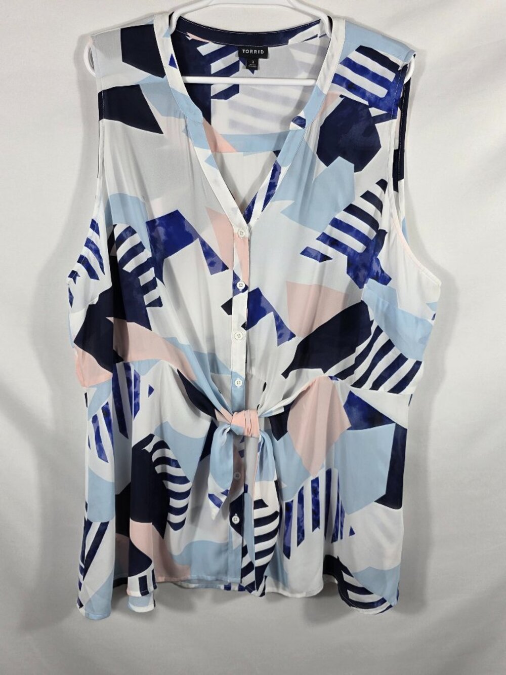 Torrid Peplum Georgette Button-Front + Tie Blouse Size 3X Blue Pink & White